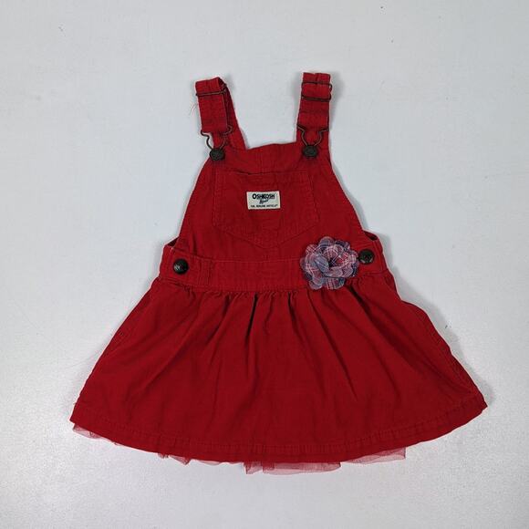 Oshkosh Bgosh Skirtall Girls Size 2T Red Corduroy Flower Tulle Overalls Dress - Picture 1 of 6
